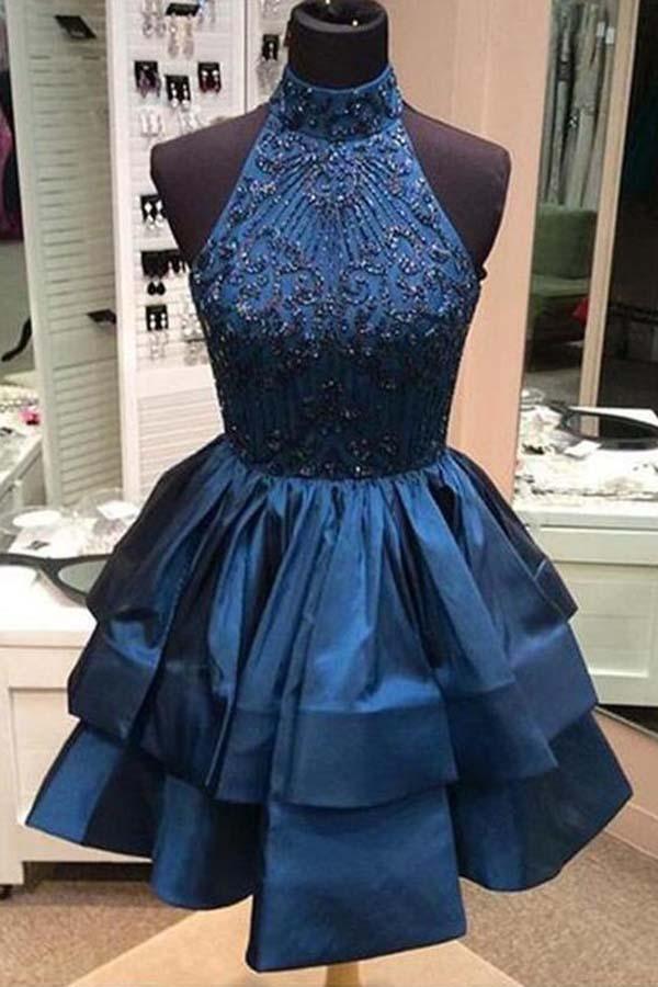 A-line  Beaded Halter Neckline Satin Homecoming Dress Short Prom Dress PG166 - Image 2