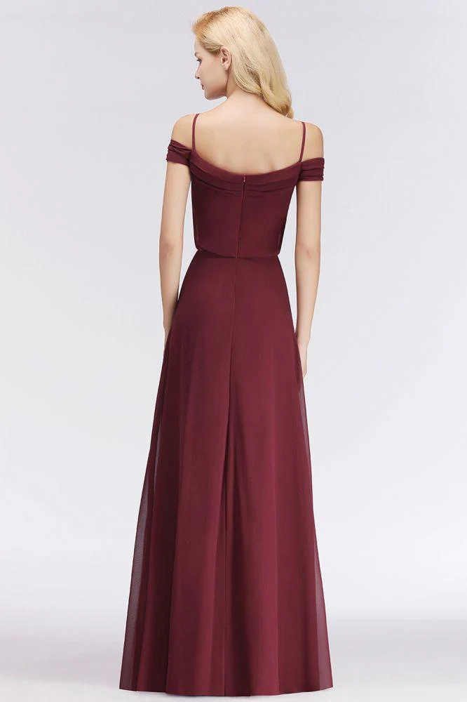 A-line Burgundy Bridesmaid Dress Off-the-shoulder Floor Length Party Dress - Image 3