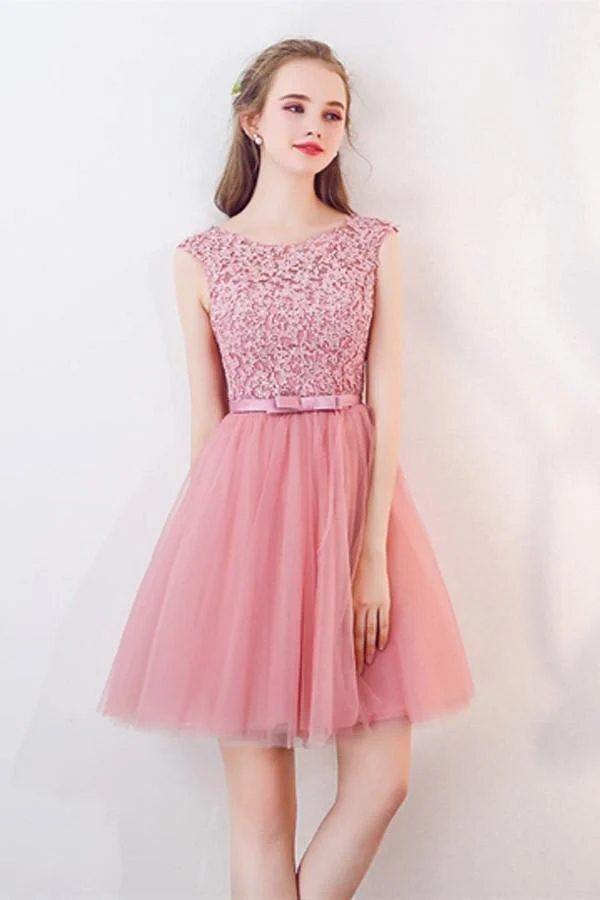 A-Line Cap Sleeves Appliques Bowknot Crystal Sashes Homecoming Dress - Image 2
