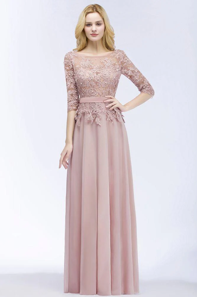 Numbersea A-line Floor Length Half Sleeves Appliques Bridesmaid Dresses with Sash - Image 3