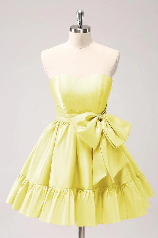 A Line Fuchsia Strapless Ruffle Cute Homecoming Dress with Bow - Image 8