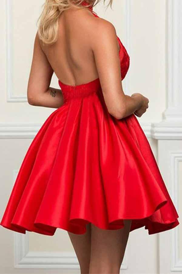 A-line Halter Sleeveless Short Red Satin Homecoming Dress with Lace - Image 2