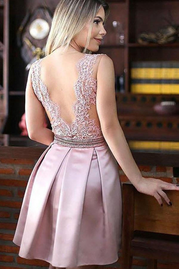 A-Line Jewel Pink Short Satin Homecoming Dress with Beading Appliques - Image 2
