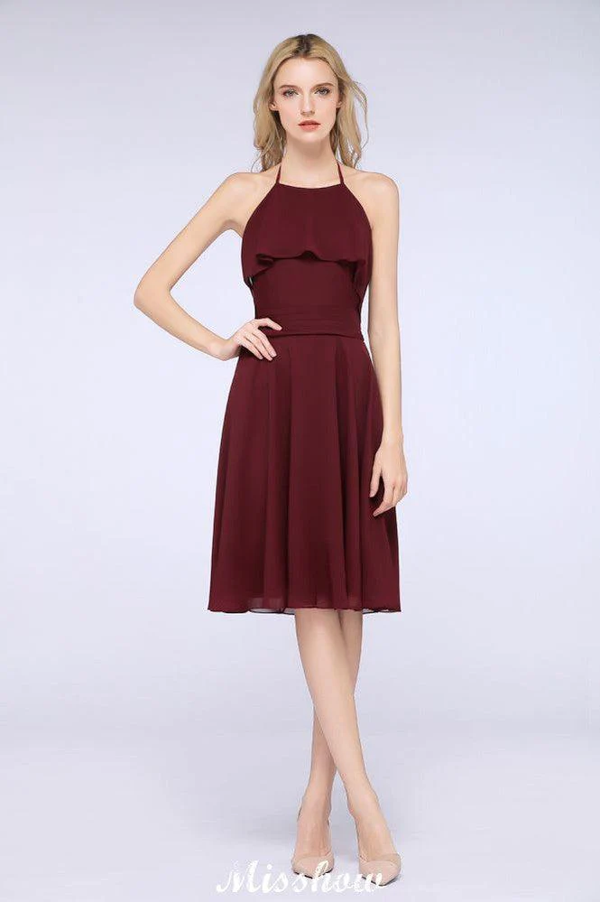 A-Line Ruffles Chiffon Halter Knee-Length Party Dress Simple Bridesmaid Dress - Image 3