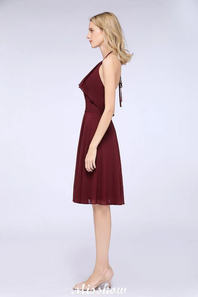 A-Line Ruffles Chiffon Halter Knee-Length Party Dress Simple Bridesmaid Dress - Image 6