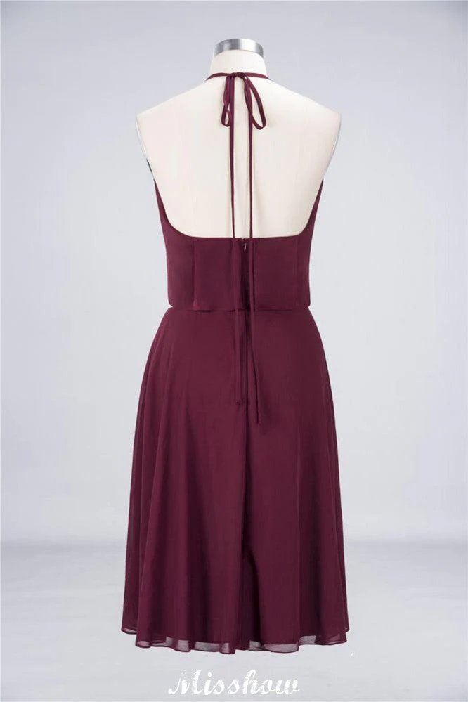 A-Line Ruffles Chiffon Halter Knee-Length Party Dress Simple Bridesmaid Dress - Image 9