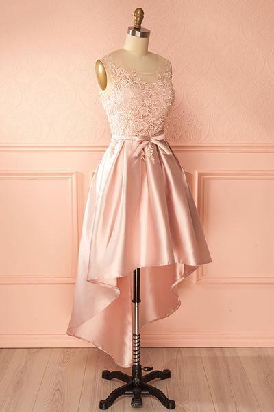 A-Line Scoop High Low Pink Satin Homecoming Dress With Appliques - Image 2