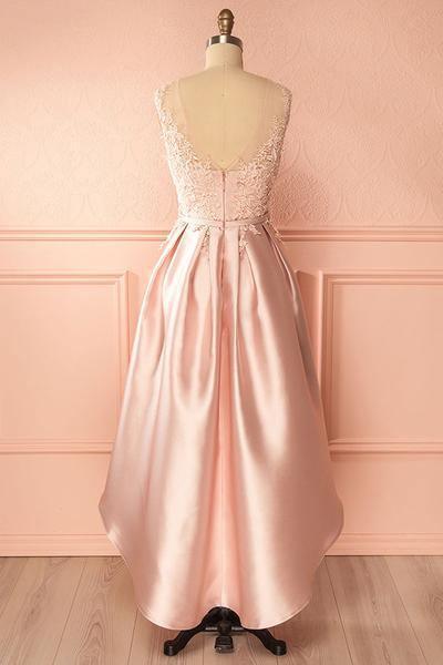 A-Line Scoop High Low Pink Satin Homecoming Dress With Appliques - Image 3