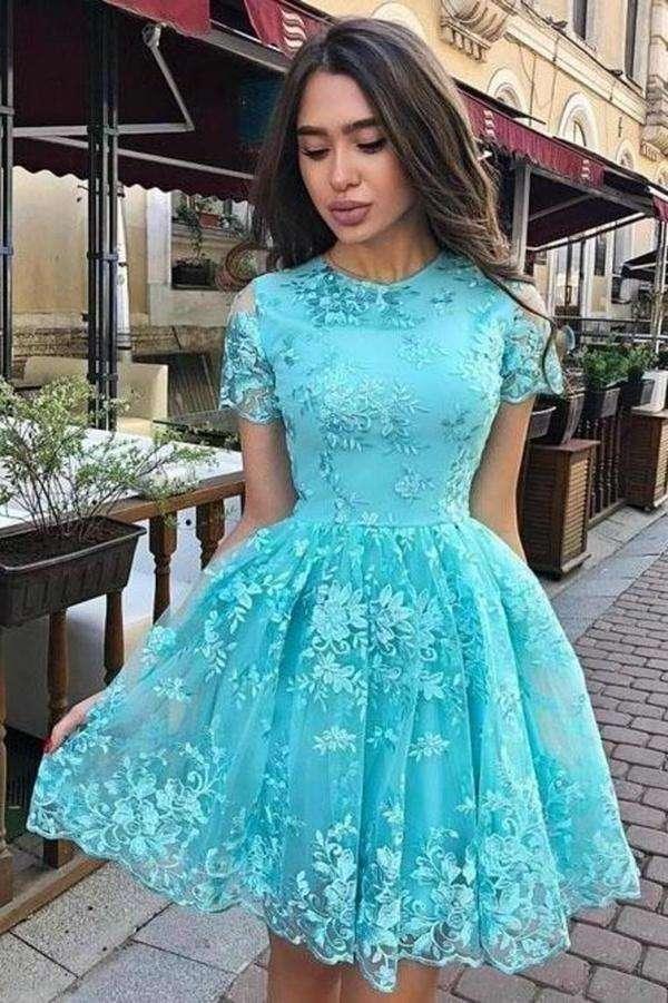 A Line Short Sleeve Lace Short Prom Dress Short Homecoming Dress - Image 3