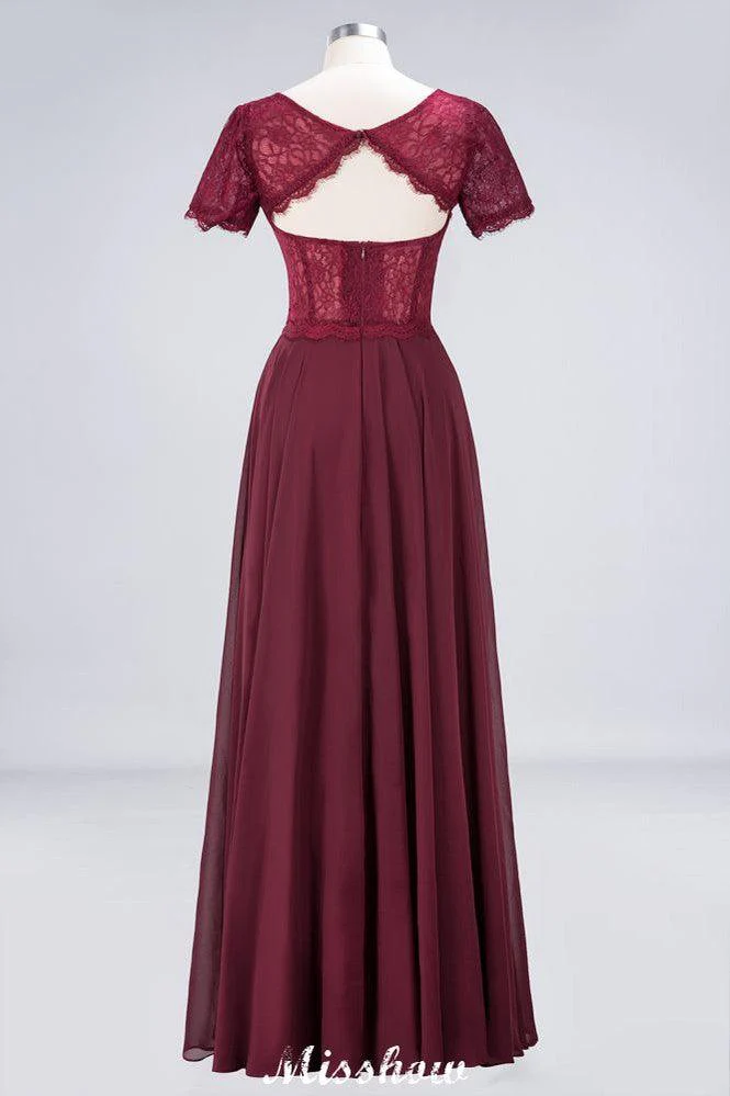 A-Line Short-Sleeves Floor-Length Bridesmaid Dress Chiffon Lace Round-Neck Evening Dress - Image 10