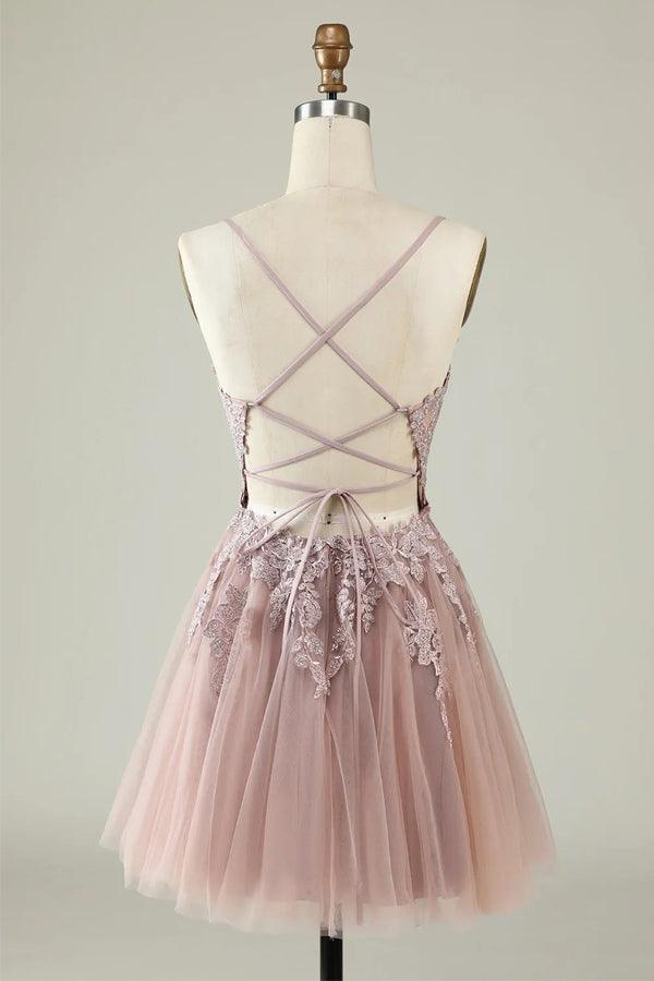 A Line Spaghetti Straps Tulle Short Grey Blue Homecoming Dress - Image 5