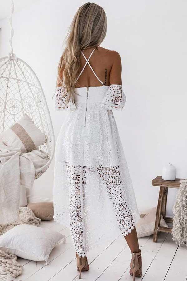 A-Line Straps Off-the-shoulder High Low White Lace Homecoming Dress - Image 3