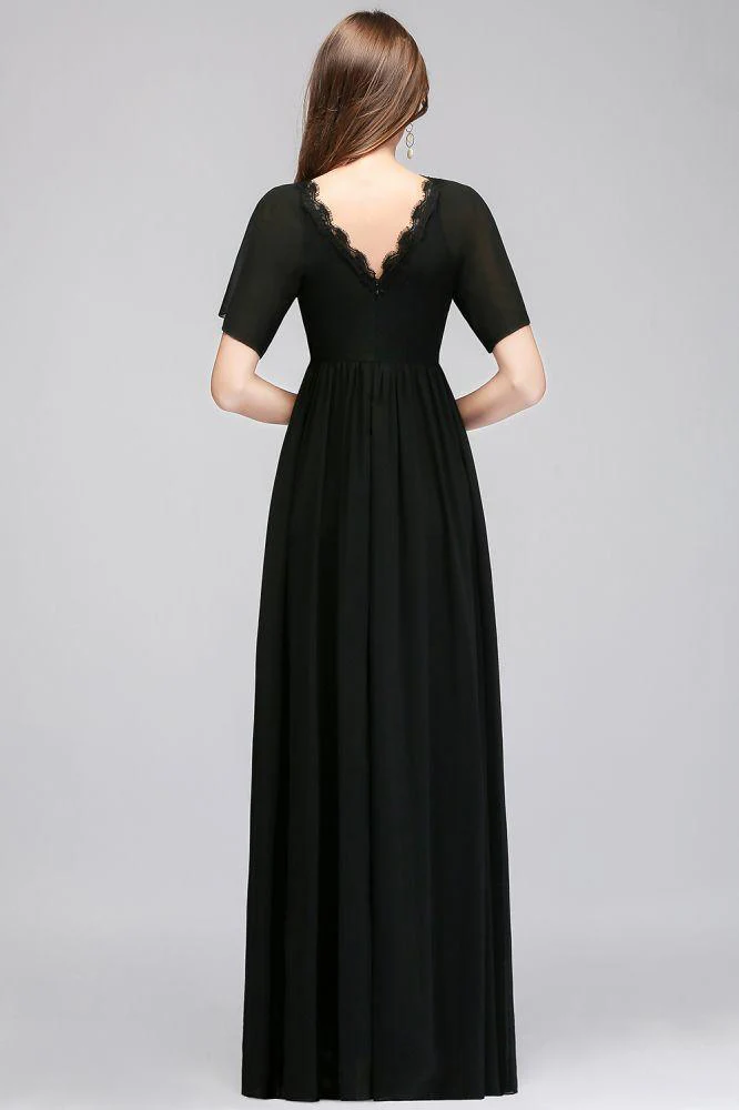 A-line V-neck Short Sleeves Long Black Chiffon Bridesmaid Dress - Image 2