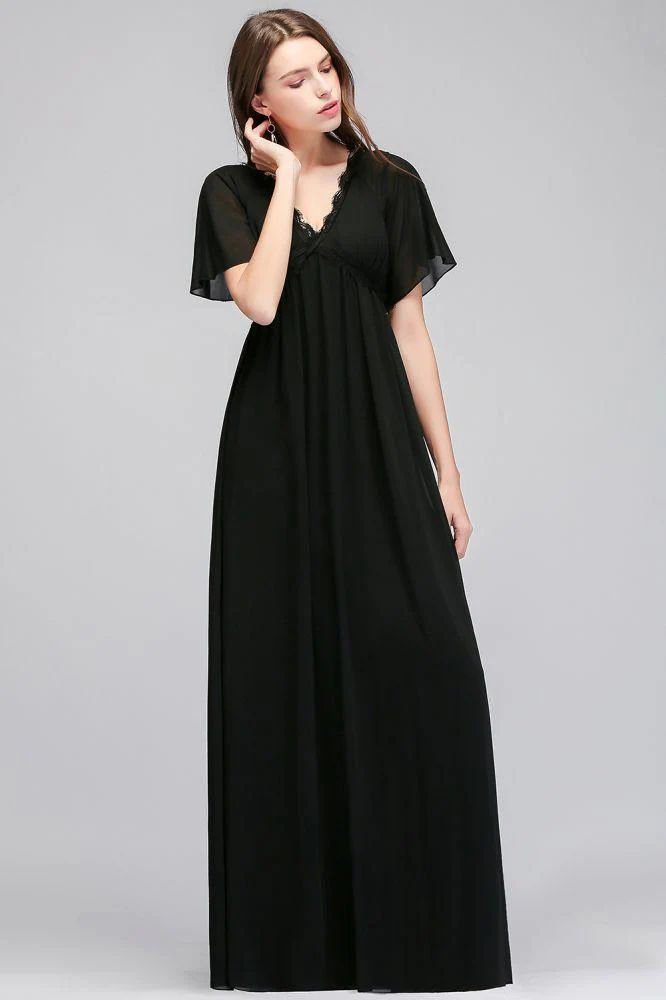 A-line V-neck Short Sleeves Long Black Chiffon Bridesmaid Dress - Image 7