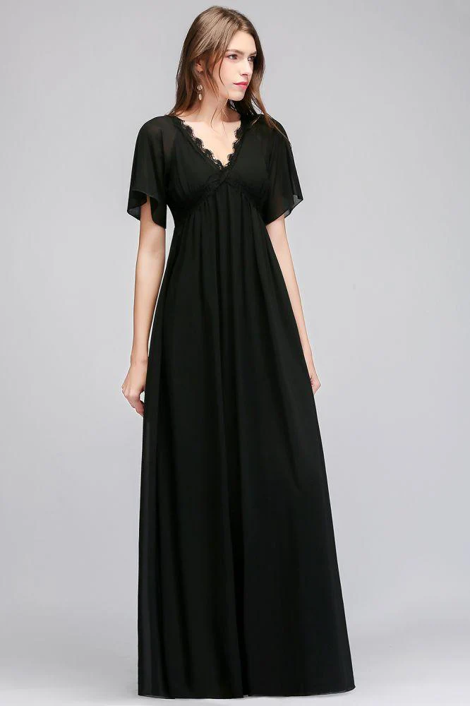 A-line V-neck Short Sleeves Long Black Chiffon Bridesmaid Dress - Image 8