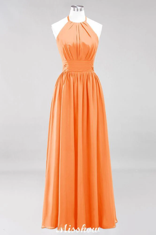 Appliques Halter Sleeveless Floor-Length Bridesmaid Dresses with Ruffles A-line Chiffon Evening Maxi Dress - Image 22