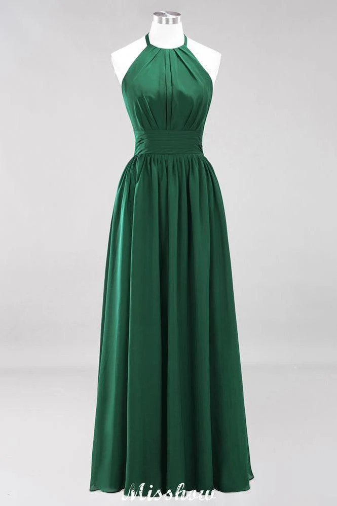 Appliques Halter Sleeveless Floor-Length Bridesmaid Dresses with Ruffles A-line Chiffon Evening Maxi Dress - Image 37