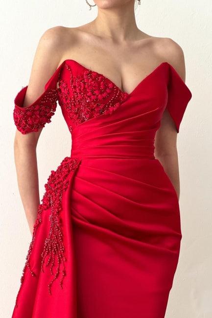 Beautiful Long Red Mermaid Off-the-shoulder Lace Prom Dress - Image 2