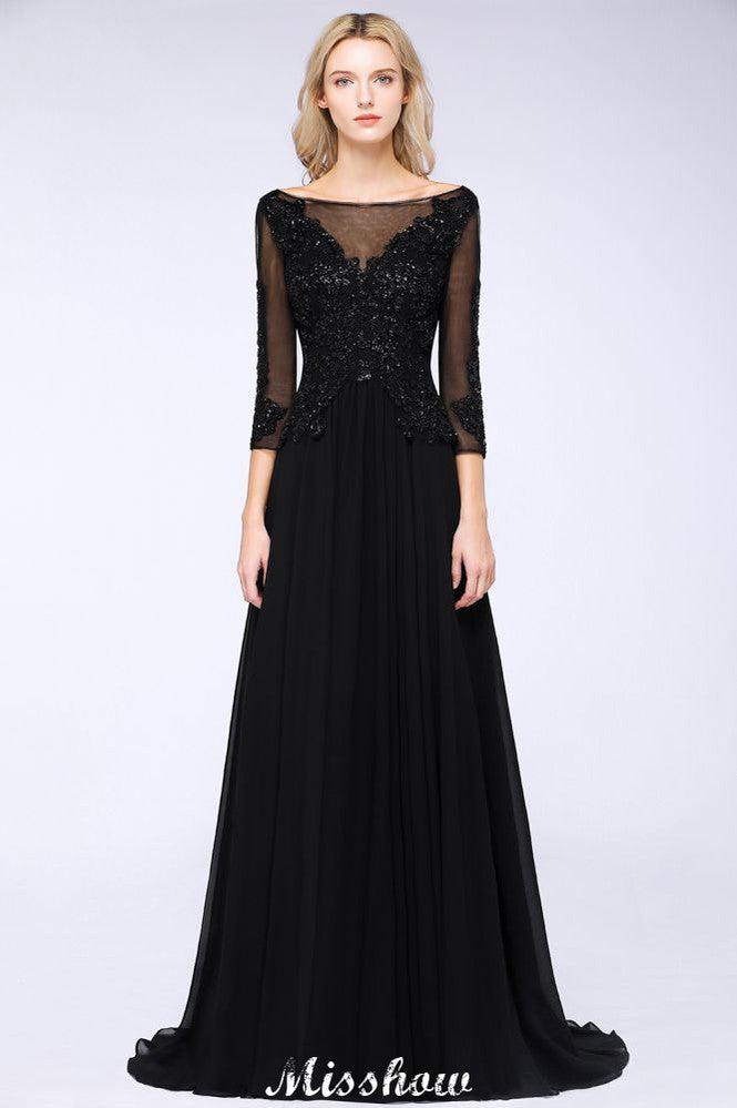 Black 3/4 Sleeves Beads A-Line Appliques Bridesmaid Dresses Tulle Party Dress - Image 2