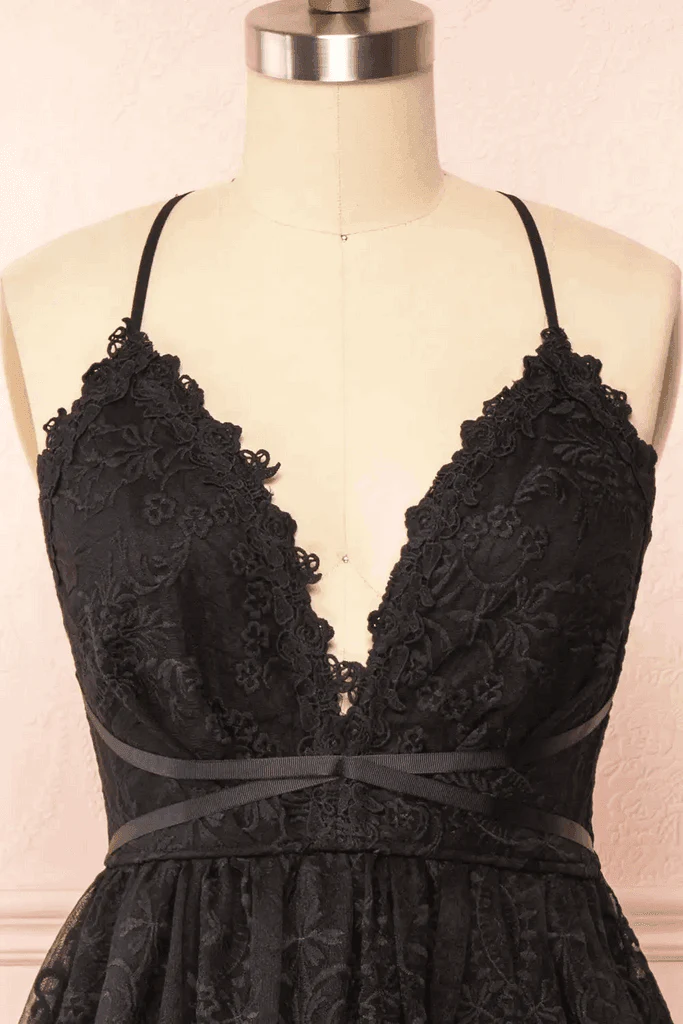 Black Lace Straps A-line Short Party Dress Lace Homecoming Dresses - Image 4