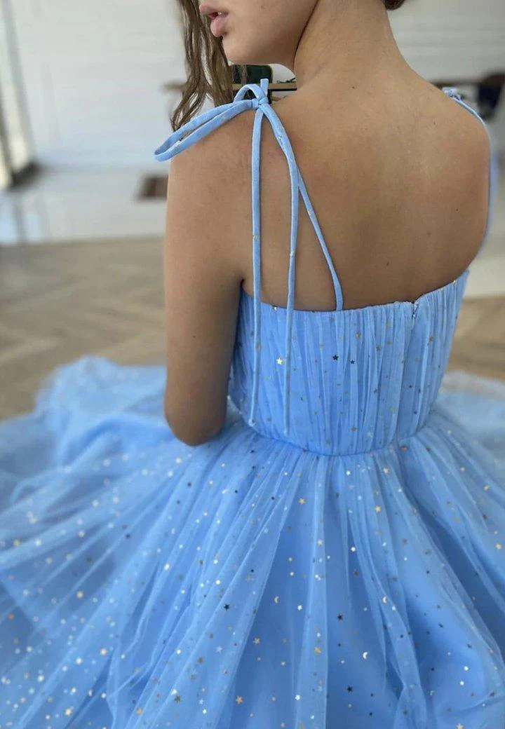 Blue Tulle Sequins Tea Length Prom Dress Party Dress Homecoming Dress - Image 3