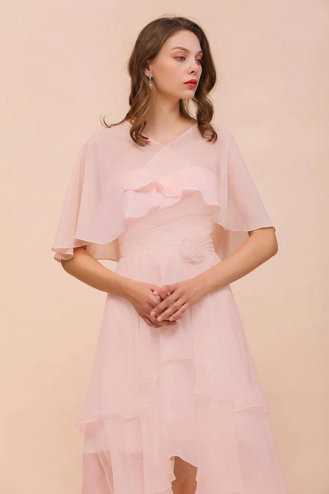 Blushing Pink Bridesmaid Dress Knee Length Simple Chiffon Girls Party Dress with Wraps - Image 3