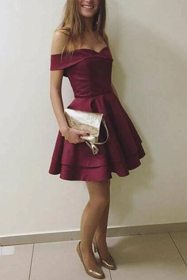 Burgundy Elegant Off the Shoulder Short Graduation Dress Homecoming Dress