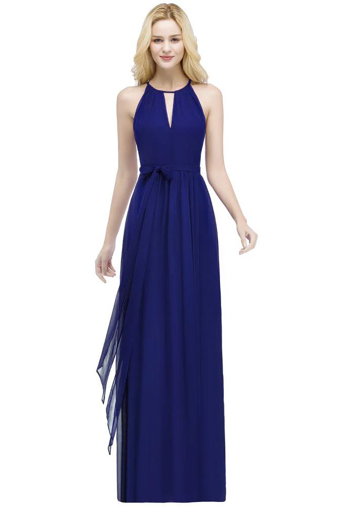 Burgundy Halter A-line Floor Length Bridesmaid Dresses with Bow Sash - Image 13