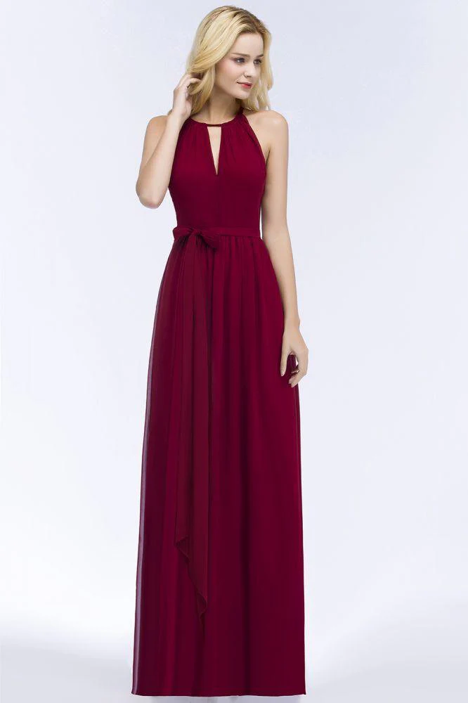Burgundy Halter A-line Floor Length Bridesmaid Dresses with Bow Sash - Image 9