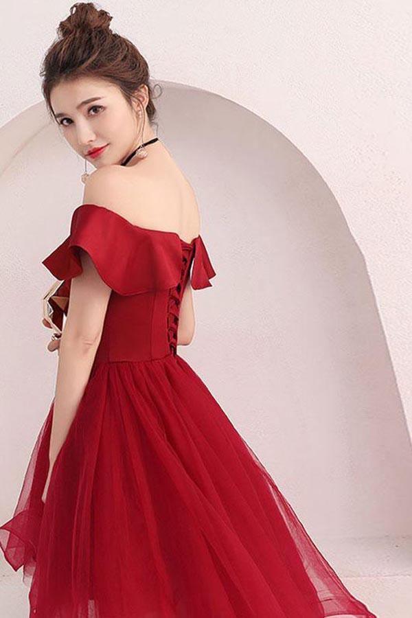 Burgundy Tulle Off Shoulder Short Prom Dress Burgundy Homecoming Dress - Image 3