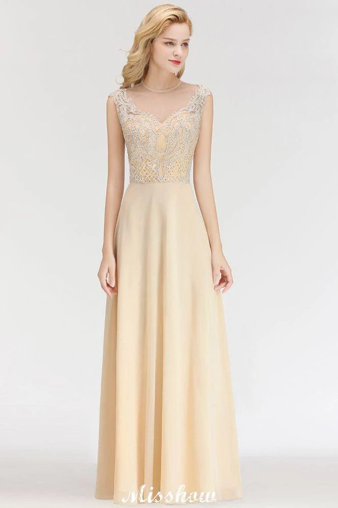 Champagne Sleeveless A-Line Crystal Jewel Bridesmaid Dresses Floor Length Party Dress - Image 3