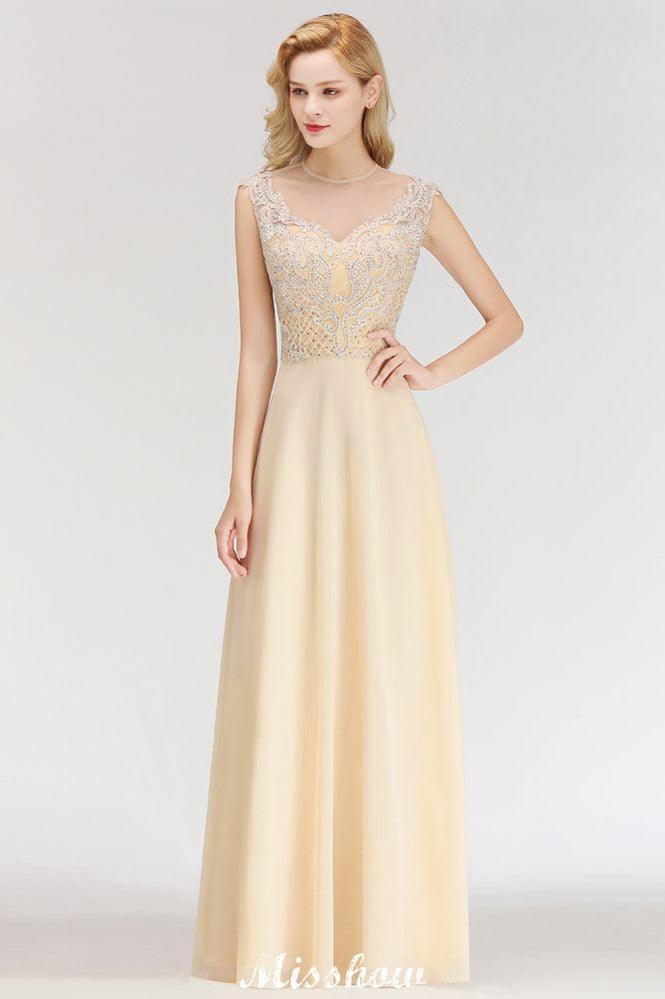 Champagne Sleeveless A-Line Crystal Jewel Bridesmaid Dresses Floor Length Party Dress - Image 4