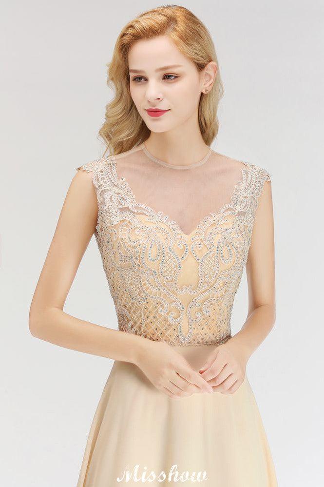 Champagne Sleeveless A-Line Crystal Jewel Bridesmaid Dresses Floor Length Party Dress - Image 6