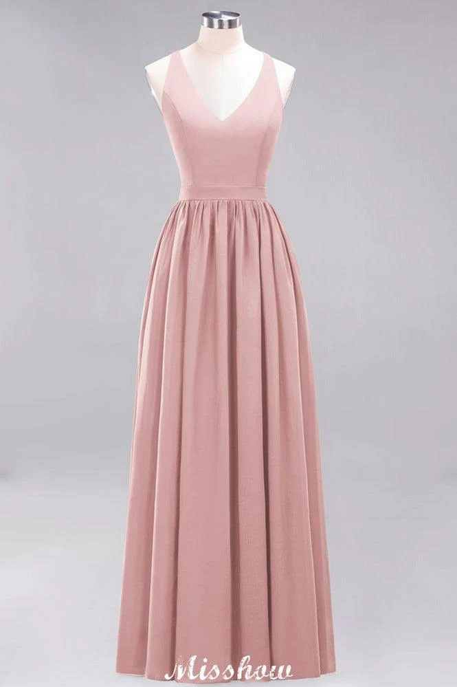 Chiffon Lace A-line Bridesmaid Dresses | V-Neck Sleeveless Floor Length Maid of the Honor Dresses - Image 13
