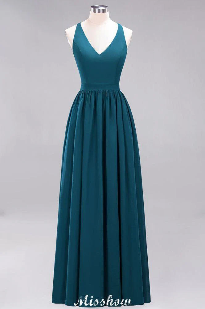 Chiffon Lace A-line Bridesmaid Dresses | V-Neck Sleeveless Floor Length Maid of the Honor Dresses - Image 33