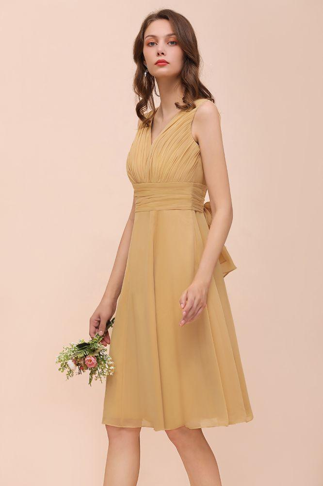Chiffon Mini Golden Bridesmaid Dress Daily Casual Dress Sleeveless V-neck - Image 6