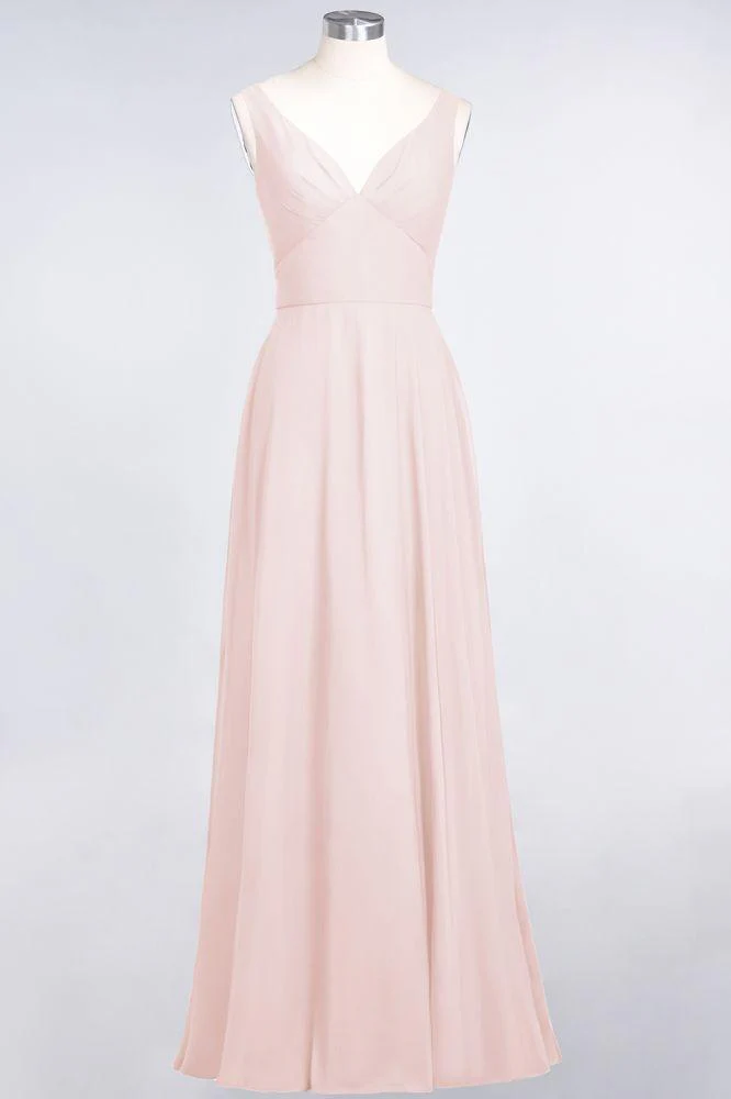Chiffon V-Neck Straps Sleeveless Ruffles Floor-Length Bridesmaid Dress with Open Back - Image 11