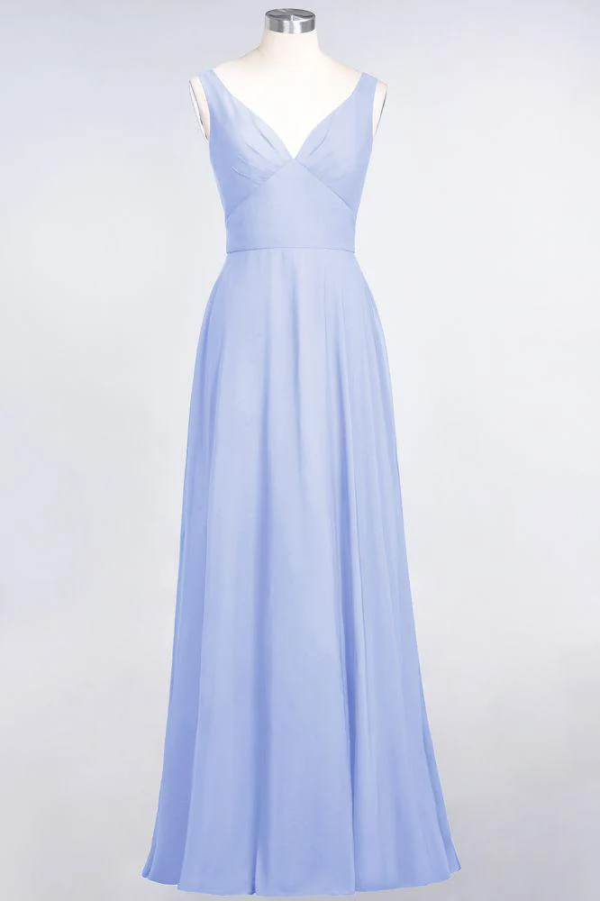Chiffon V-Neck Straps Sleeveless Ruffles Floor-Length Bridesmaid Dress with Open Back - Image 27