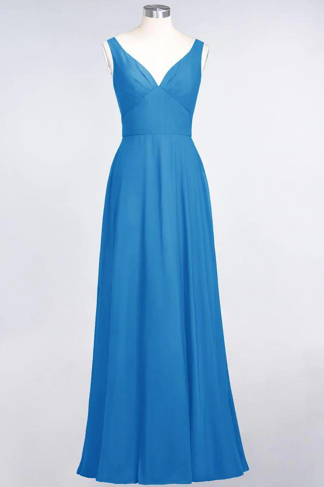 Chiffon V-Neck Straps Sleeveless Ruffles Floor-Length Bridesmaid Dress with Open Back - Image 30