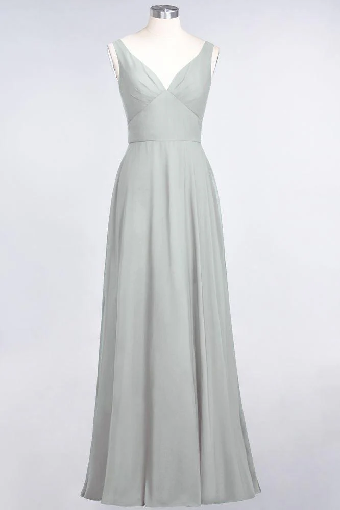 Chiffon V-Neck Straps Sleeveless Ruffles Floor-Length Bridesmaid Dress with Open Back - Image 35