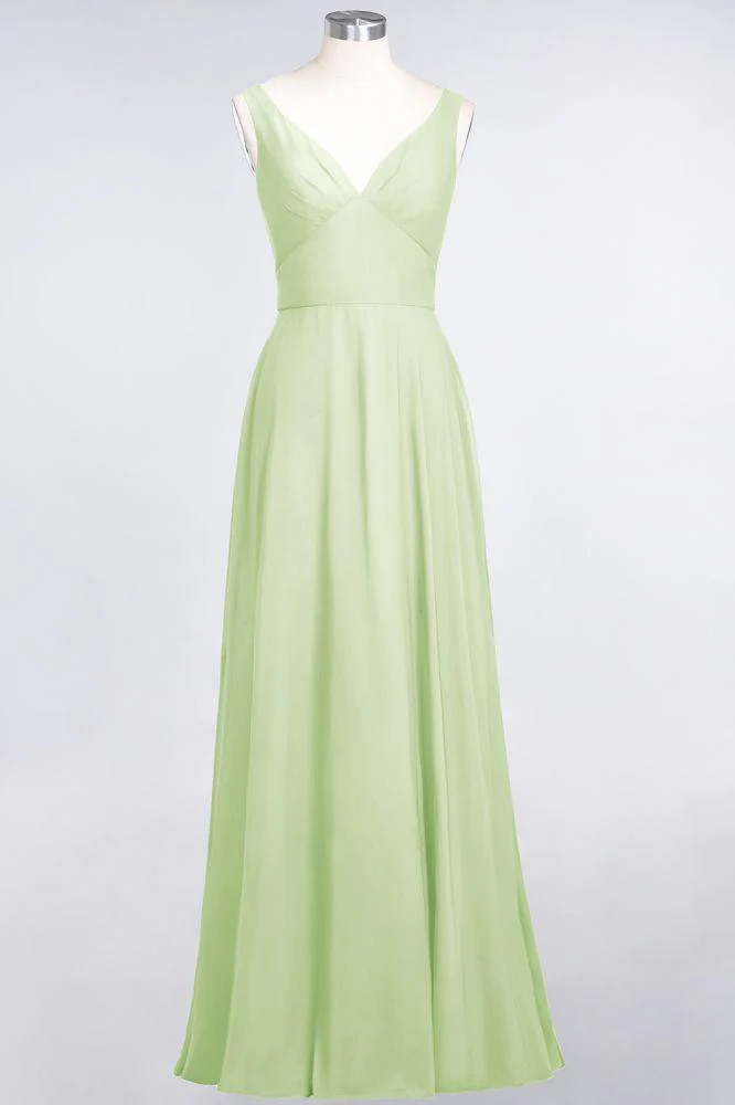 Chiffon V-Neck Straps Sleeveless Ruffles Floor-Length Bridesmaid Dress with Open Back - Image 39