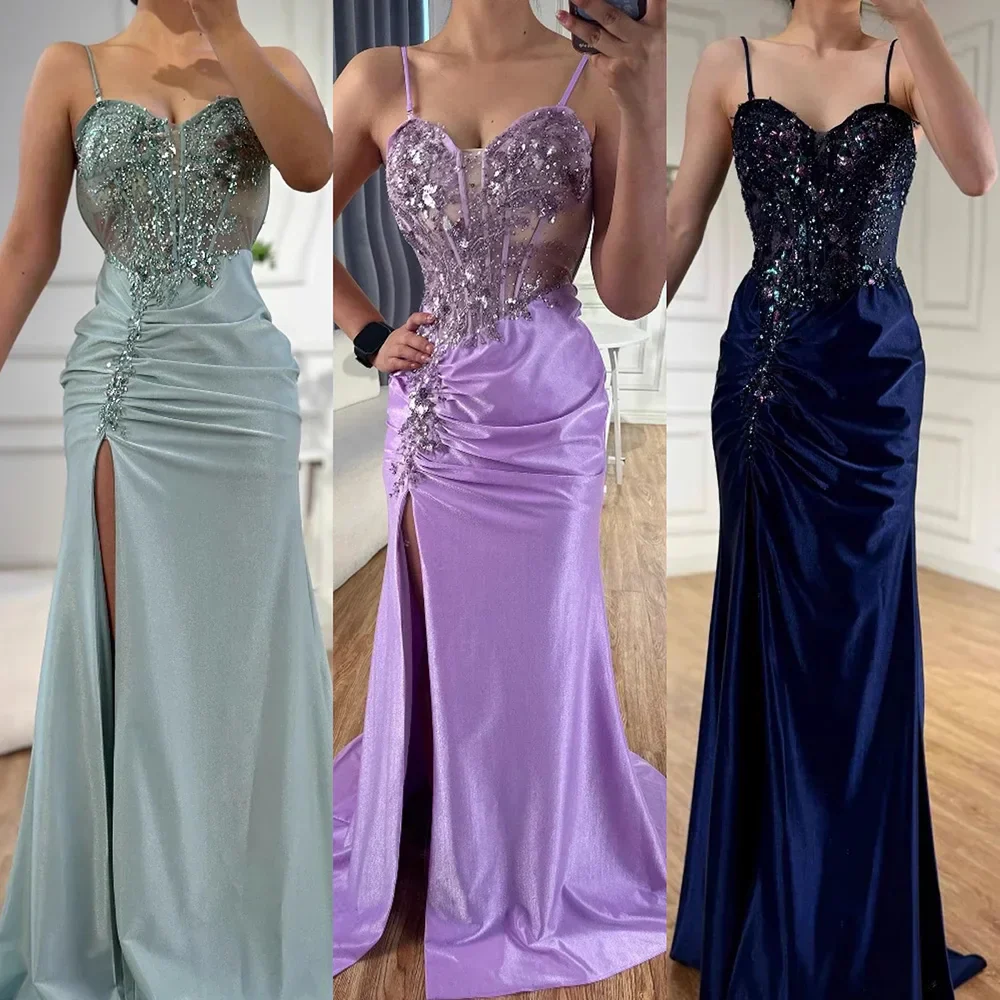 Classy Navy Satin Prom Dress with Lace Beaded and Slit - Image 3