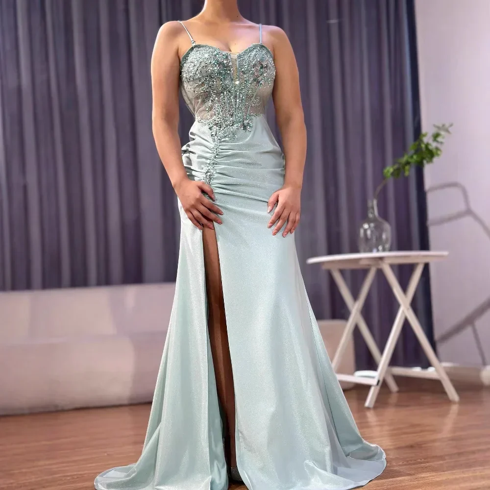 Classy Navy Satin Prom Dress with Lace Beaded and Slit - Image 4