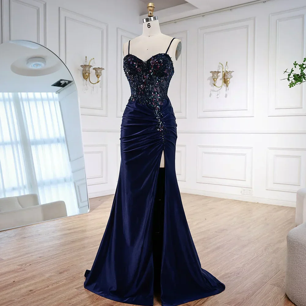 Classy Navy Satin Prom Dress with Lace Beaded and Slit - Image 6