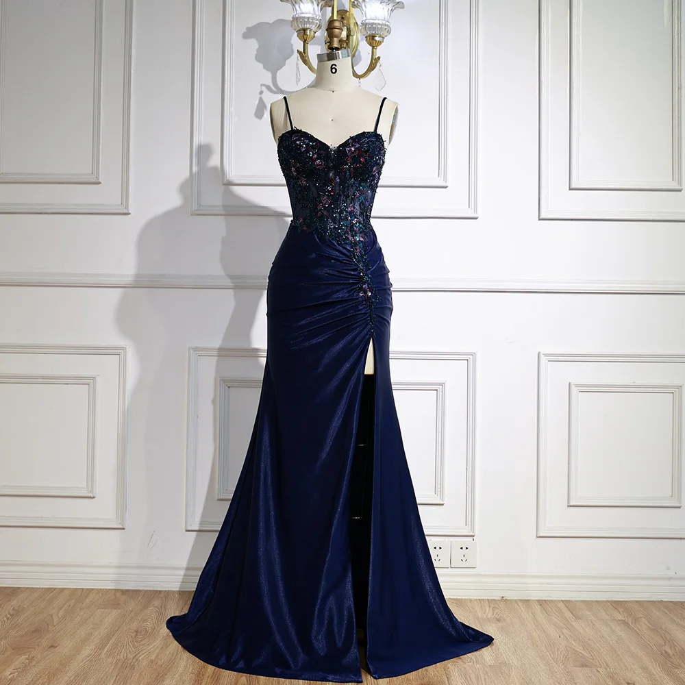 Classy Navy Satin Prom Dress with Lace Beaded and Slit - Image 7