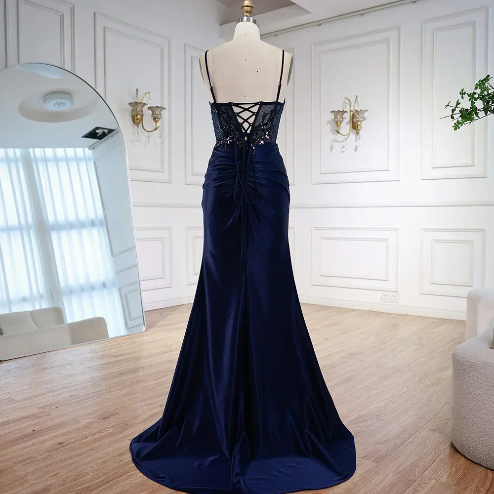 Classy Navy Satin Prom Dress with Lace Beaded and Slit - Image 8