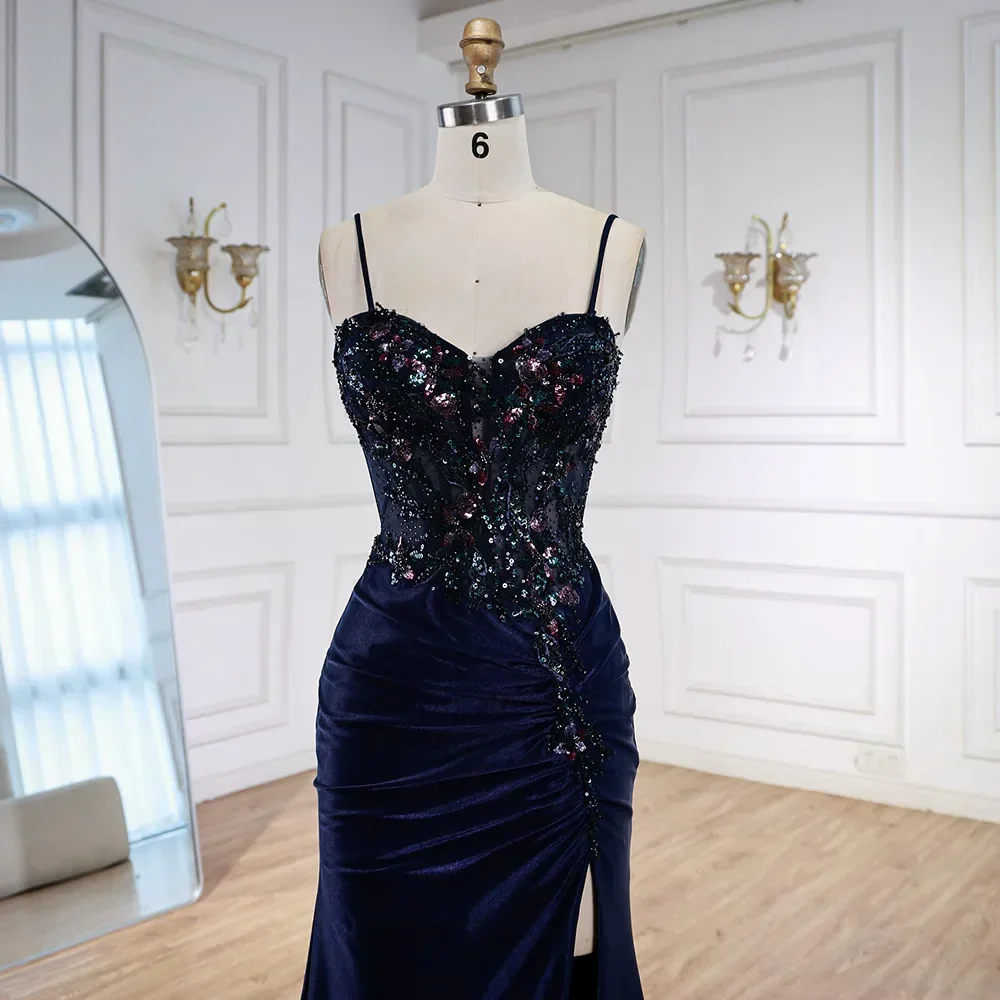 Classy Navy Satin Prom Dress with Lace Beaded and Slit - Image 9