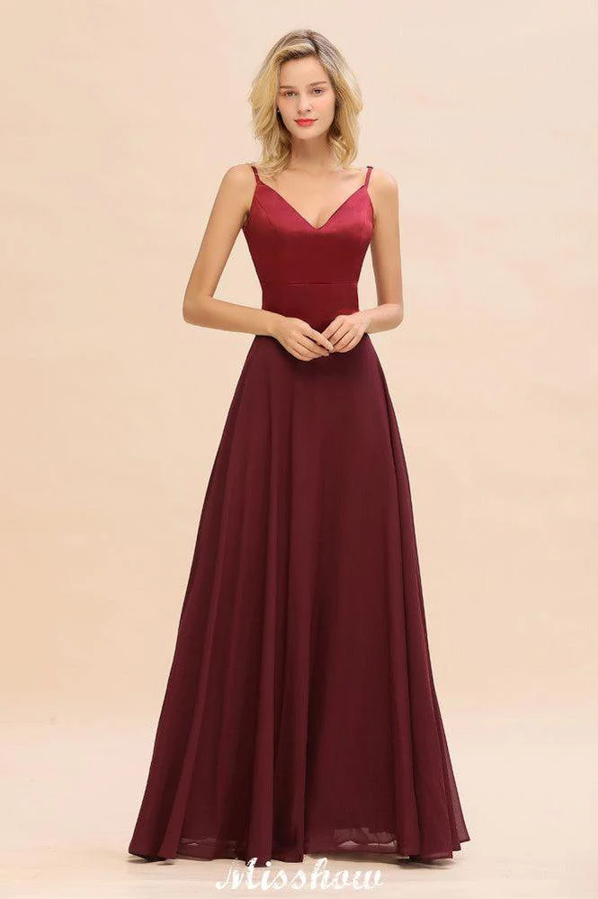 Cross Backless  Floor Length Satin Evening Gowns Burgundy Bridesmaid Dress