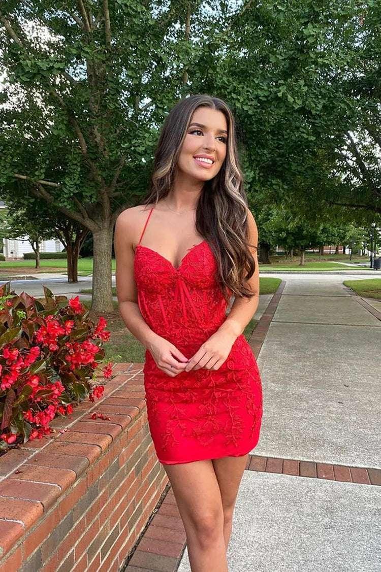 Cute Red Sweetheart Lace Backless Tight Homecoming Dresses - Image 2
