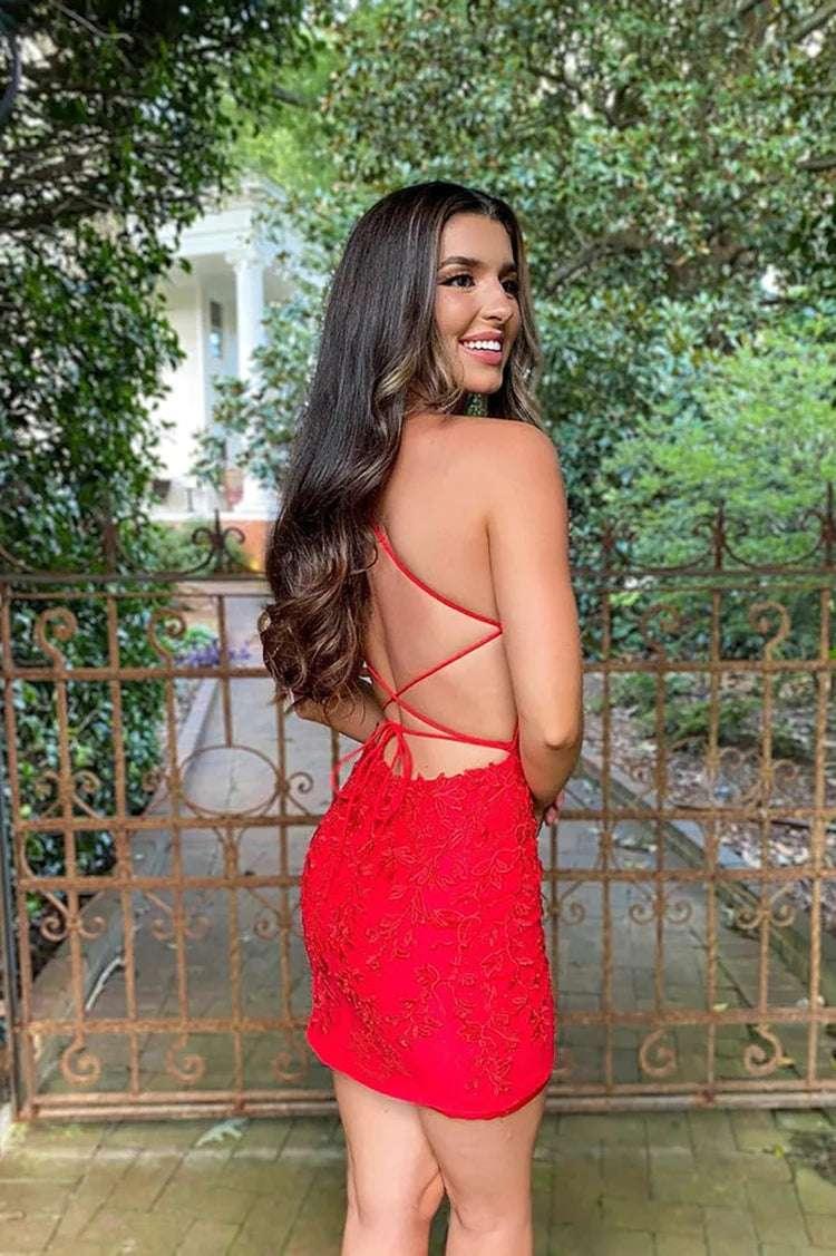 Cute Red Sweetheart Lace Backless Tight Homecoming Dresses - Image 3